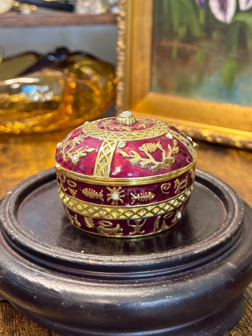 Vintage Egyptian Revival Gilded Crimson Enamel Trinket Box